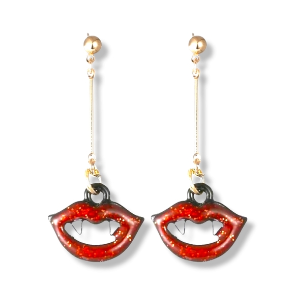 Bundle 2 pairs 1 red 1 pink sparkly crystal vampire teeth lips earrings - Picture 4 of 12
